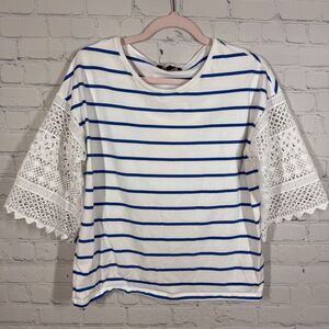 Lauren Ralph Blouse Women Medium Striped Crochet Cottage Preppy Office Top